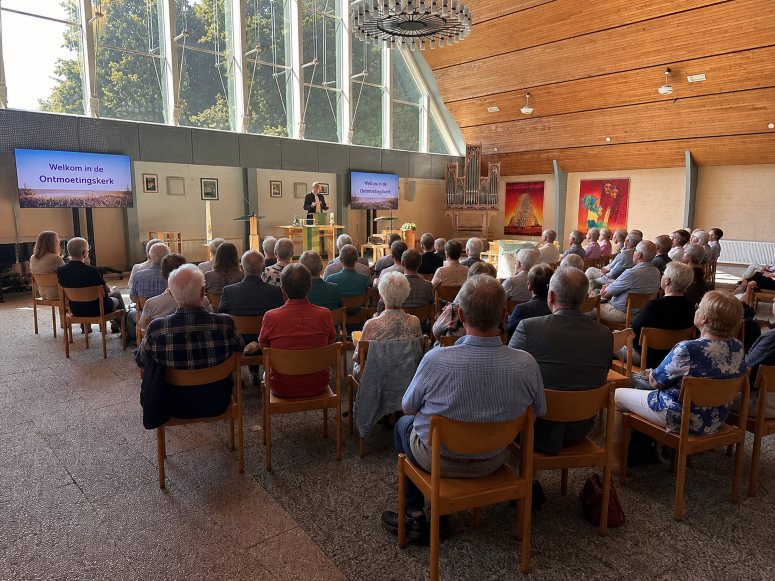 Kerkzaal van de Ontmoetingskerk Doorwerth tijdens een kerkdienst
